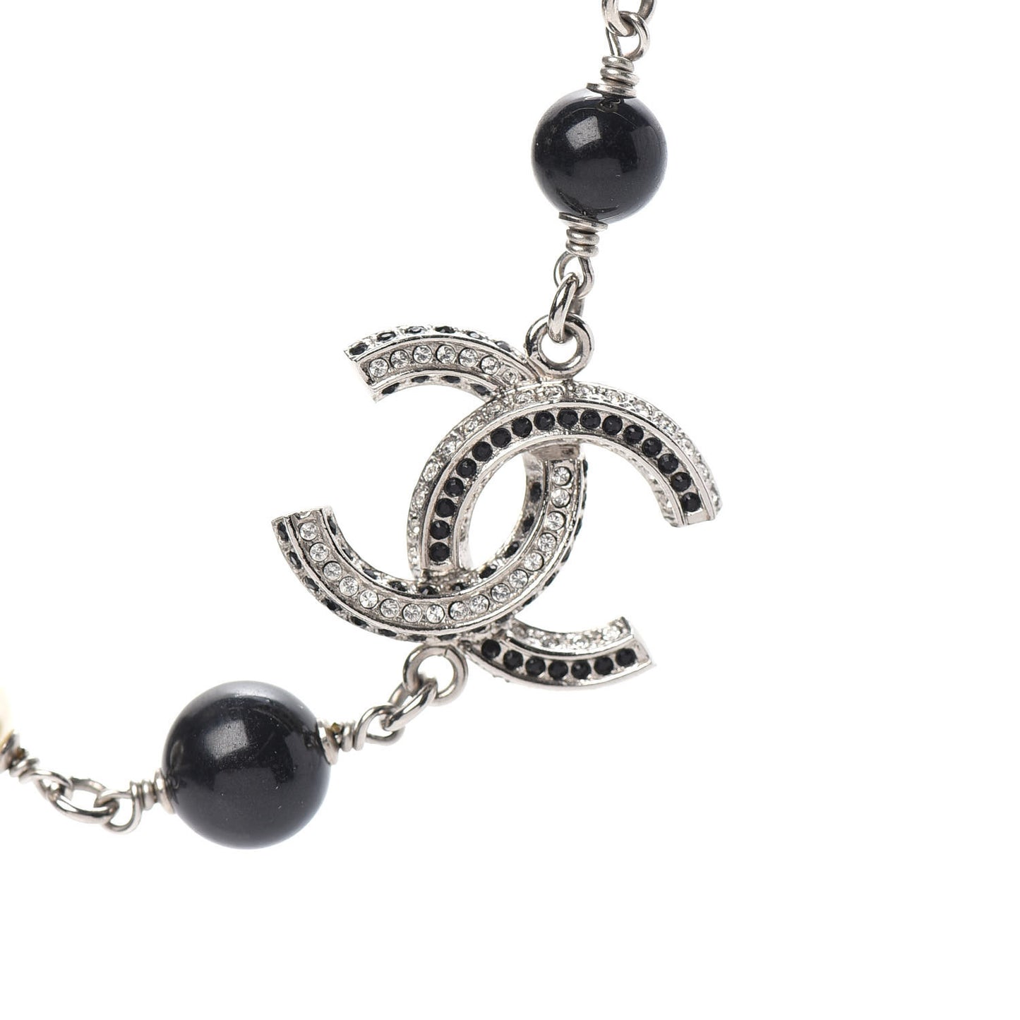 Crystal Pearl Beaded CC Short Necklace Silver Black