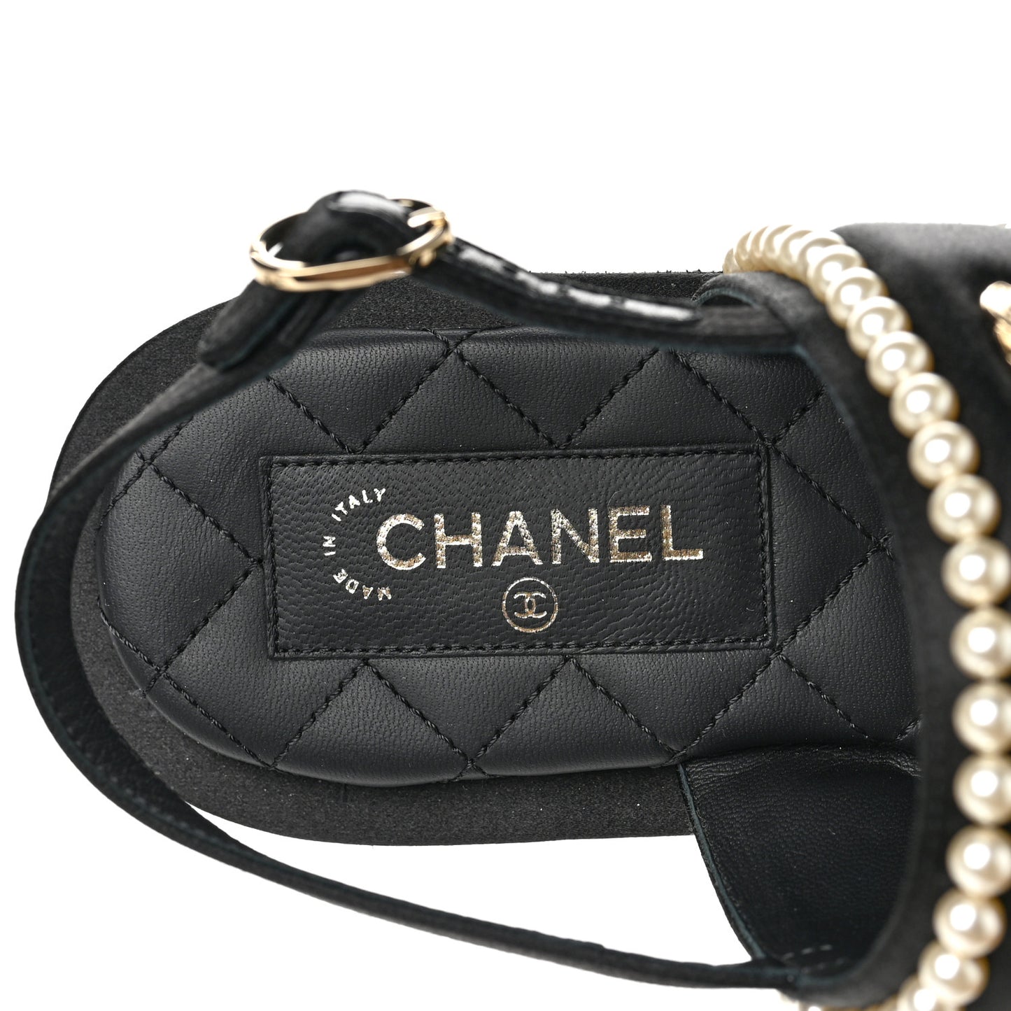 Satin Pearl Quilted Flat Sandals 37 Black