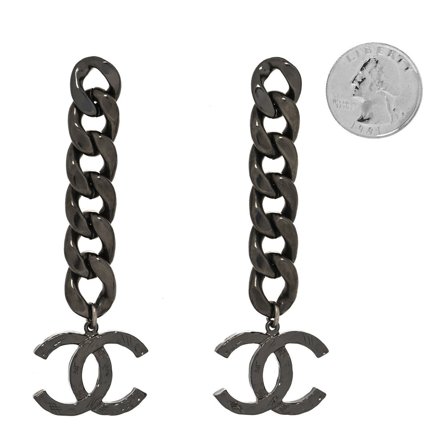 Metal CC Pick Drop Earrings Ruthenium