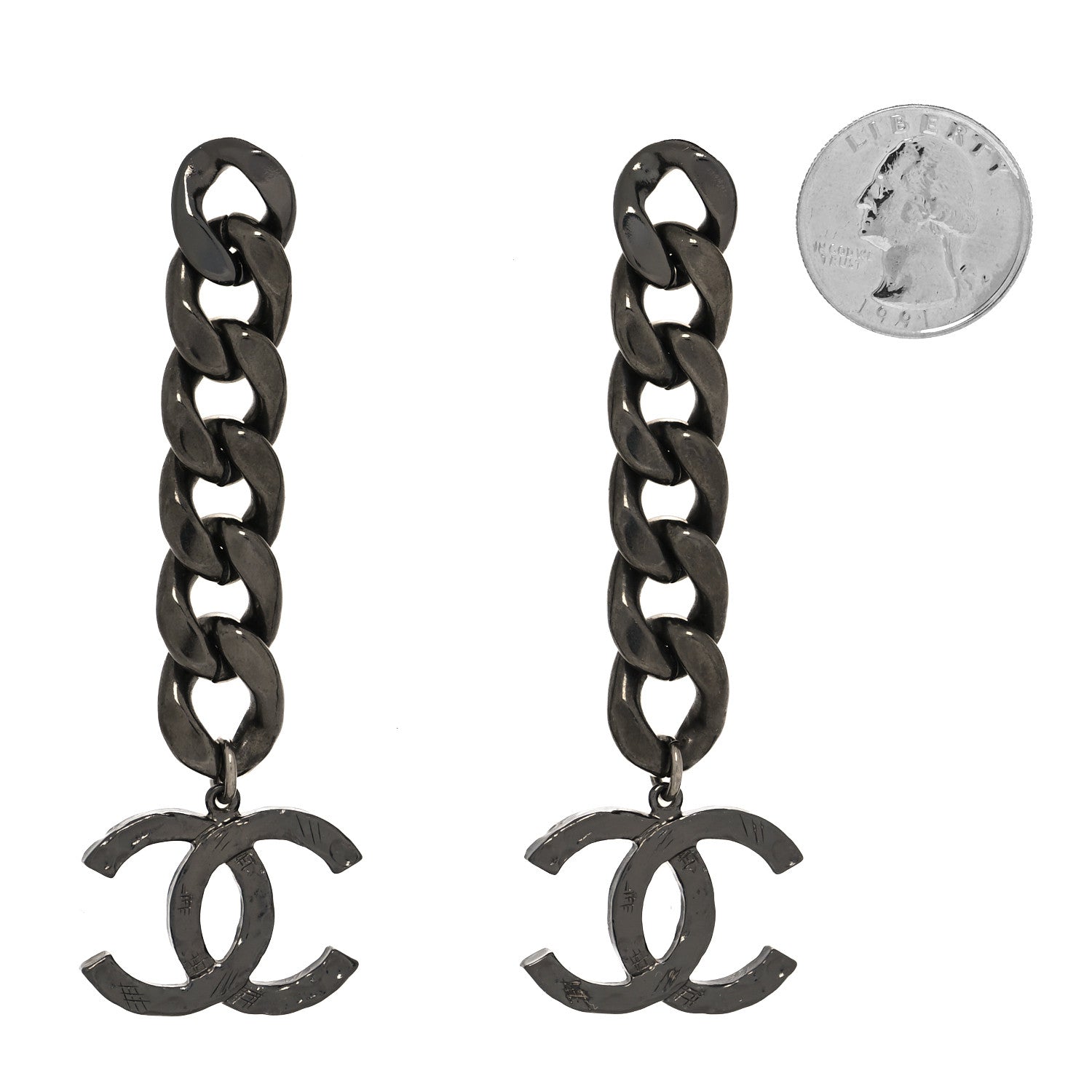 Chanel Metal CC Pick Drop Earrings Ruthenium 2 of 4
