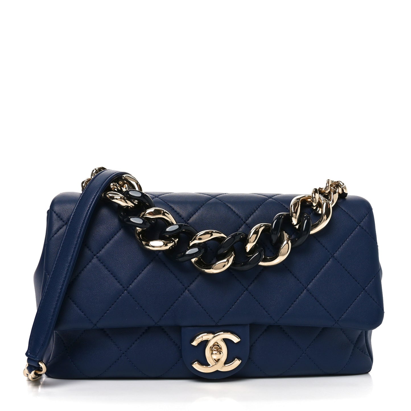 Lambskin Quilted Resin Bi-Color Chain Flap Bag Navy