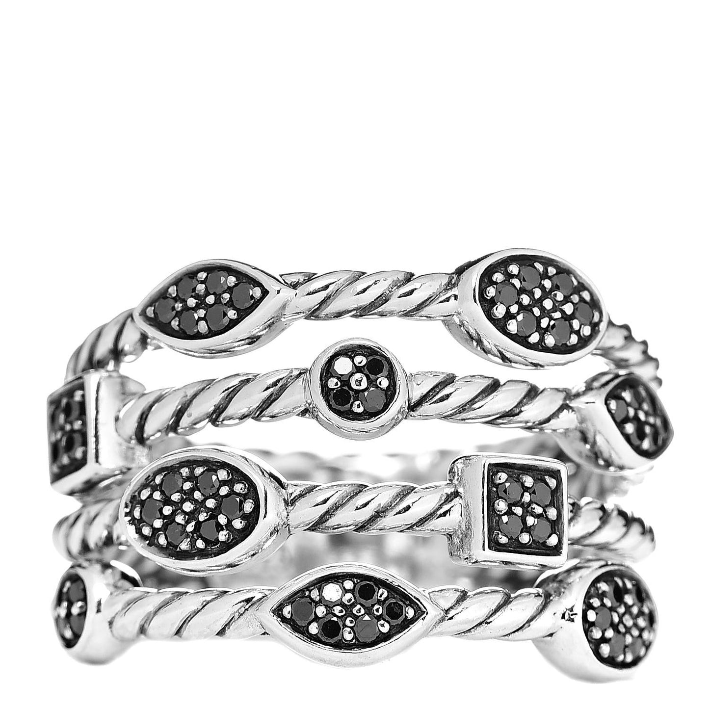 Sterling Silver Black Diamond Confetti 4 Row Ring 58 8.25