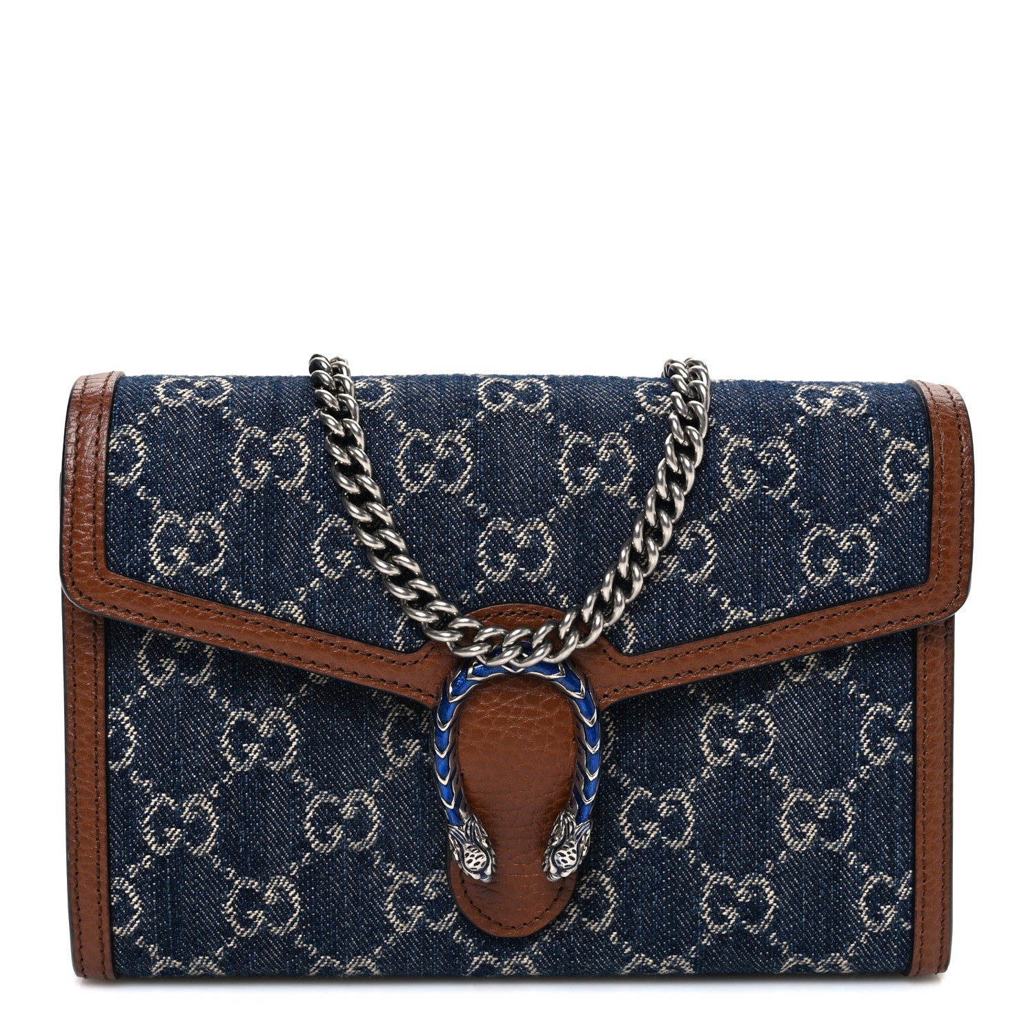 Gucci New Denim GG Monogram Dollar Calfskin Enamel Mini Dionysus Chain Wallet Blue Tea Cuir Epilog Electric Blue 1 of 10