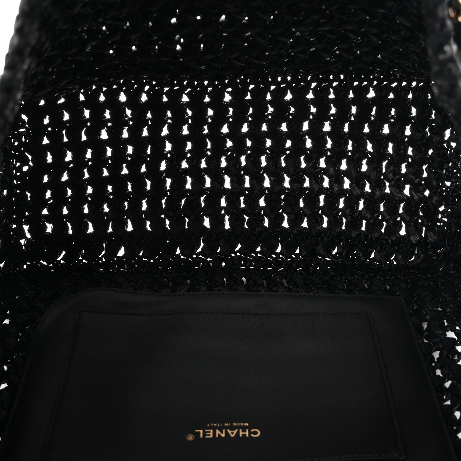 Chanel Raffia Effect Calfskin Coco Beach Shopping Tote Black 4 of 9