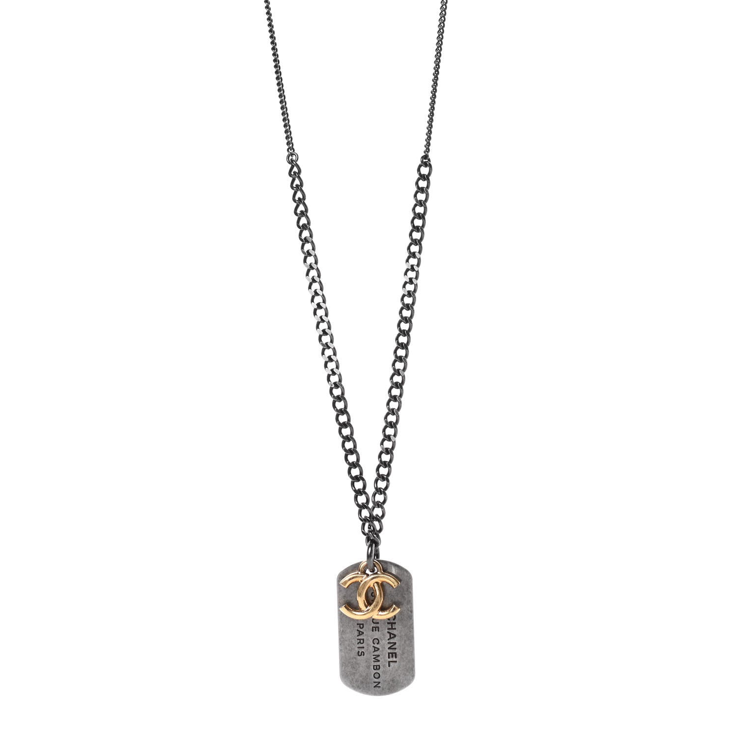 Chanel Ruthenium ID Dog Tag Charm Necklace Silver Gold 1 of 7