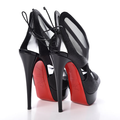 Christian Louboutin Glitter Patent Mesh Farfamesh 150 Peep Toe Platform Booties 35.5 Black 4 of 7