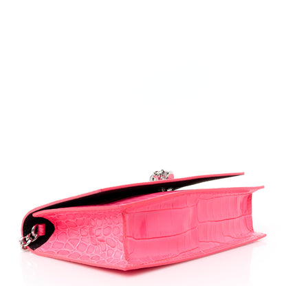 Alexander McQueen Calfskin Crocodile Embossed Skull Mini Crossbody Bag Neon Pink 4 of 10