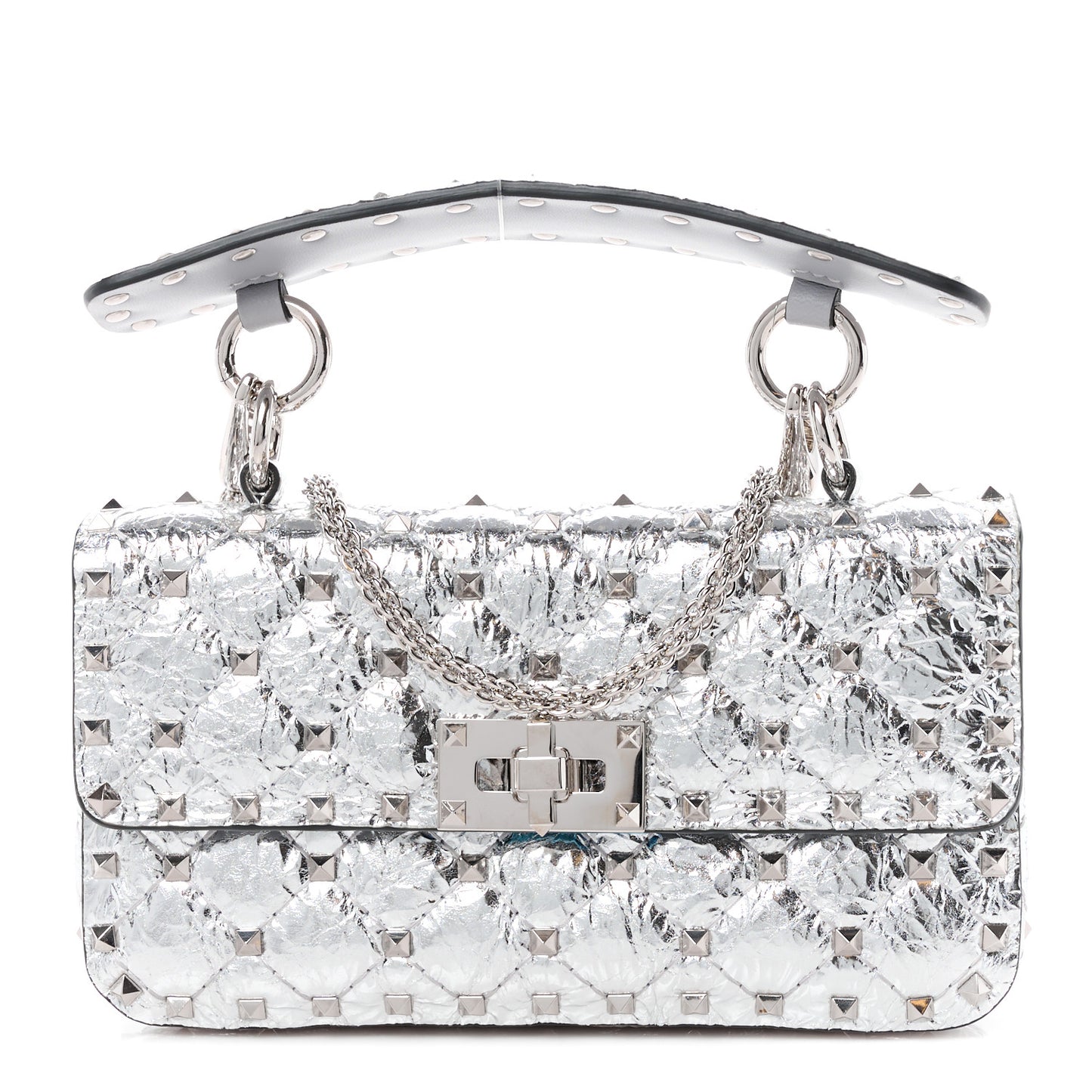 VALENTINO GARAVANI Metallic Wrinkled Lambskin Small Rockstud Spike Shoulder Bag Silver