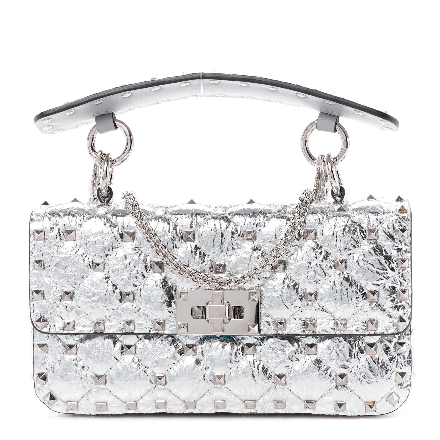 Valentino Garavani VALENTINO GARAVANI Metallic Wrinkled Lambskin Small Rockstud Spike Shoulder Bag Silver 1 of 10