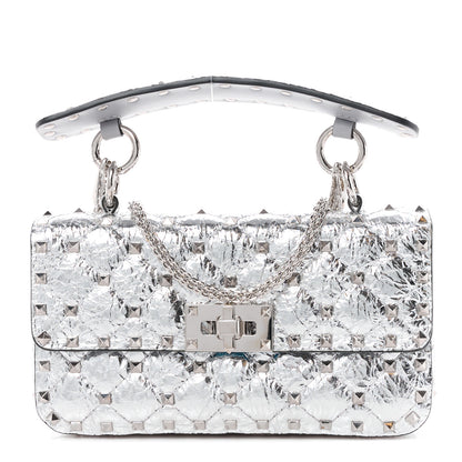Valentino Garavani VALENTINO GARAVANI Metallic Wrinkled Lambskin Small Rockstud Spike Shoulder Bag Silver 1 of 10