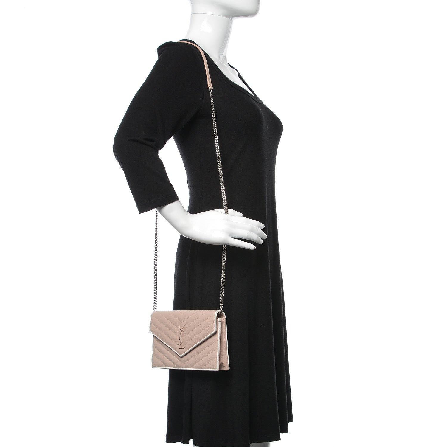 Saint Laurent Grain De Poudre Matelasse Chevron Monogram Envelope Chain Wallet Pink and White 2 of 10