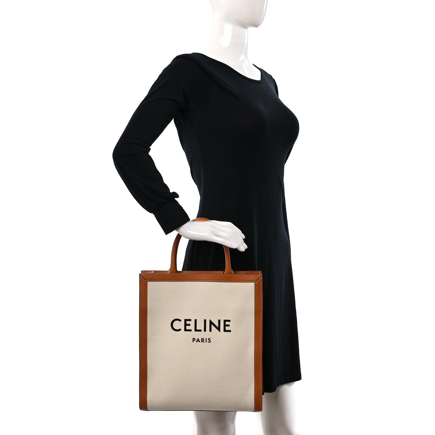 Celine Canvas Calfskin Logo Print Small Vertical Cabas Natural Tan 2 of 10