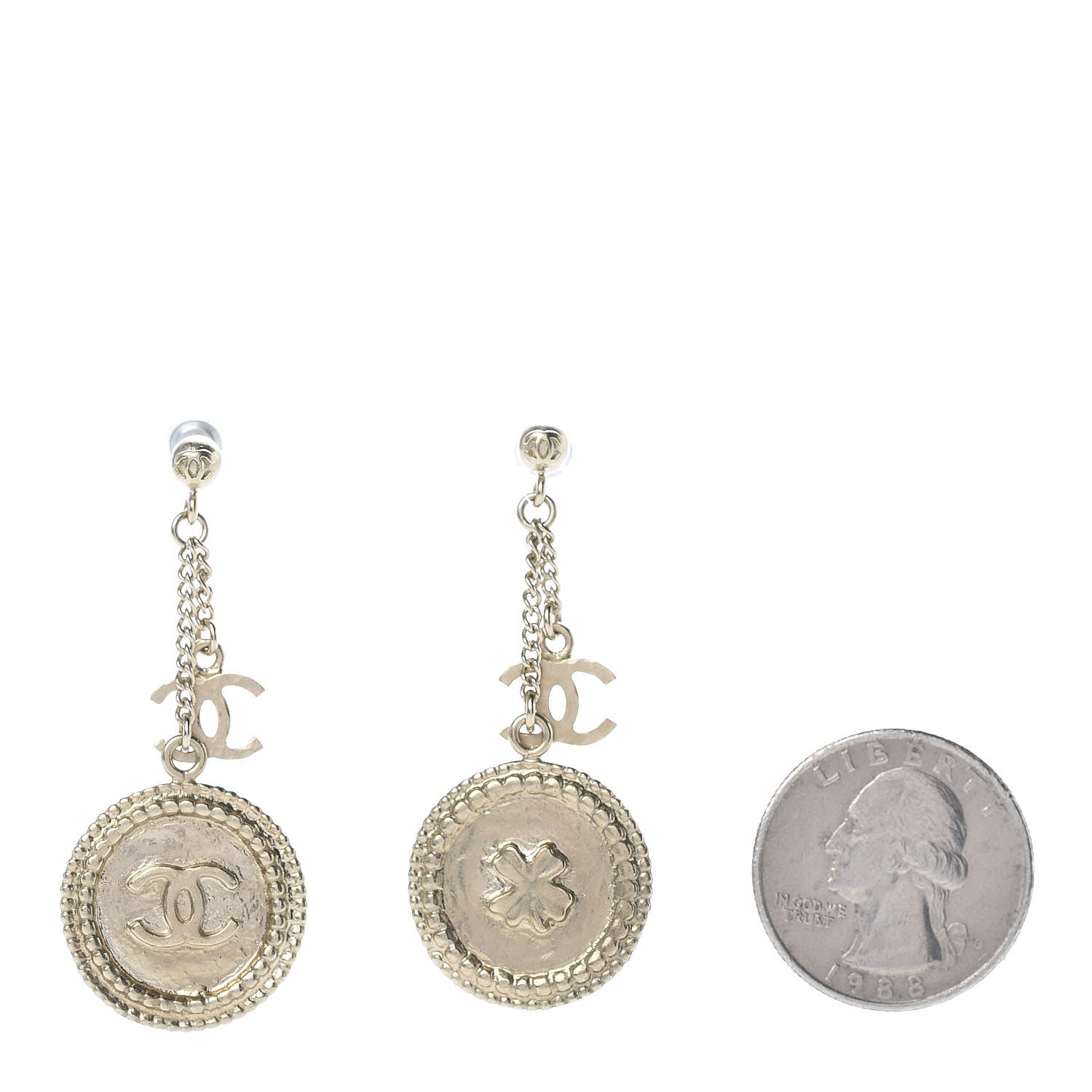 Chanel Medallion Clover CC Drop Earrings Light Gold 2 of 4