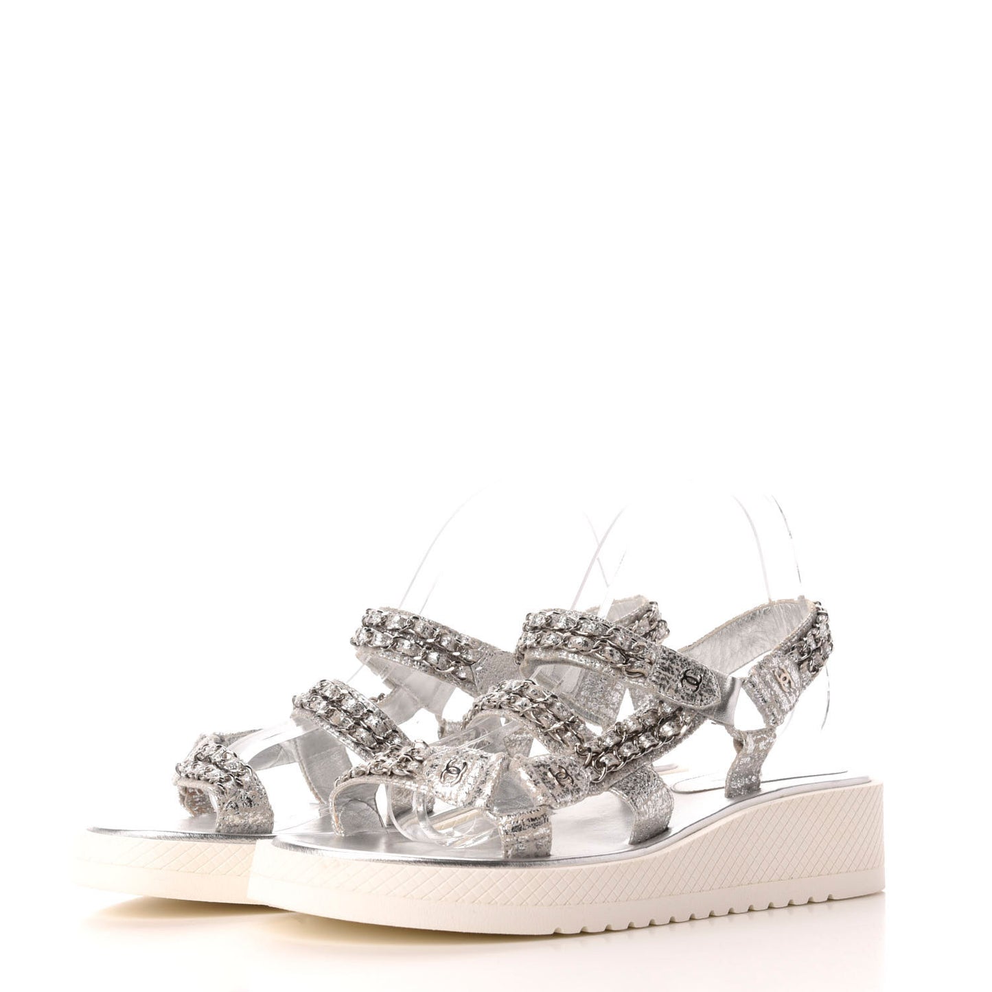 Metallic Lambskin Chain Platform Sandals 40.5 Silver