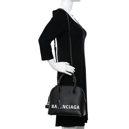 Balenciaga Grained Calfskin Logo S Ville Top Handle Bag Black White 2 of 9