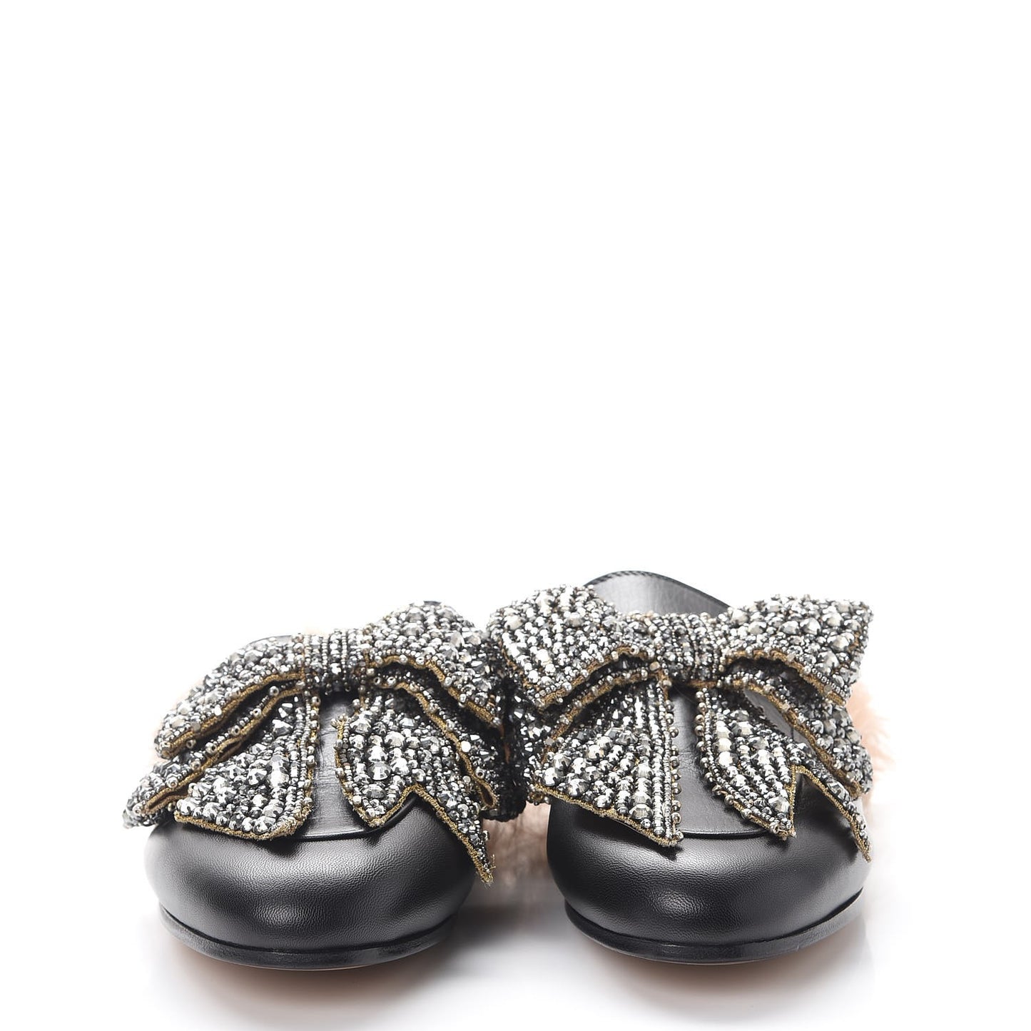 Malaga Kid Fur Crystal Bow Embroidered Womens Princetown Slippers 37.5 Black