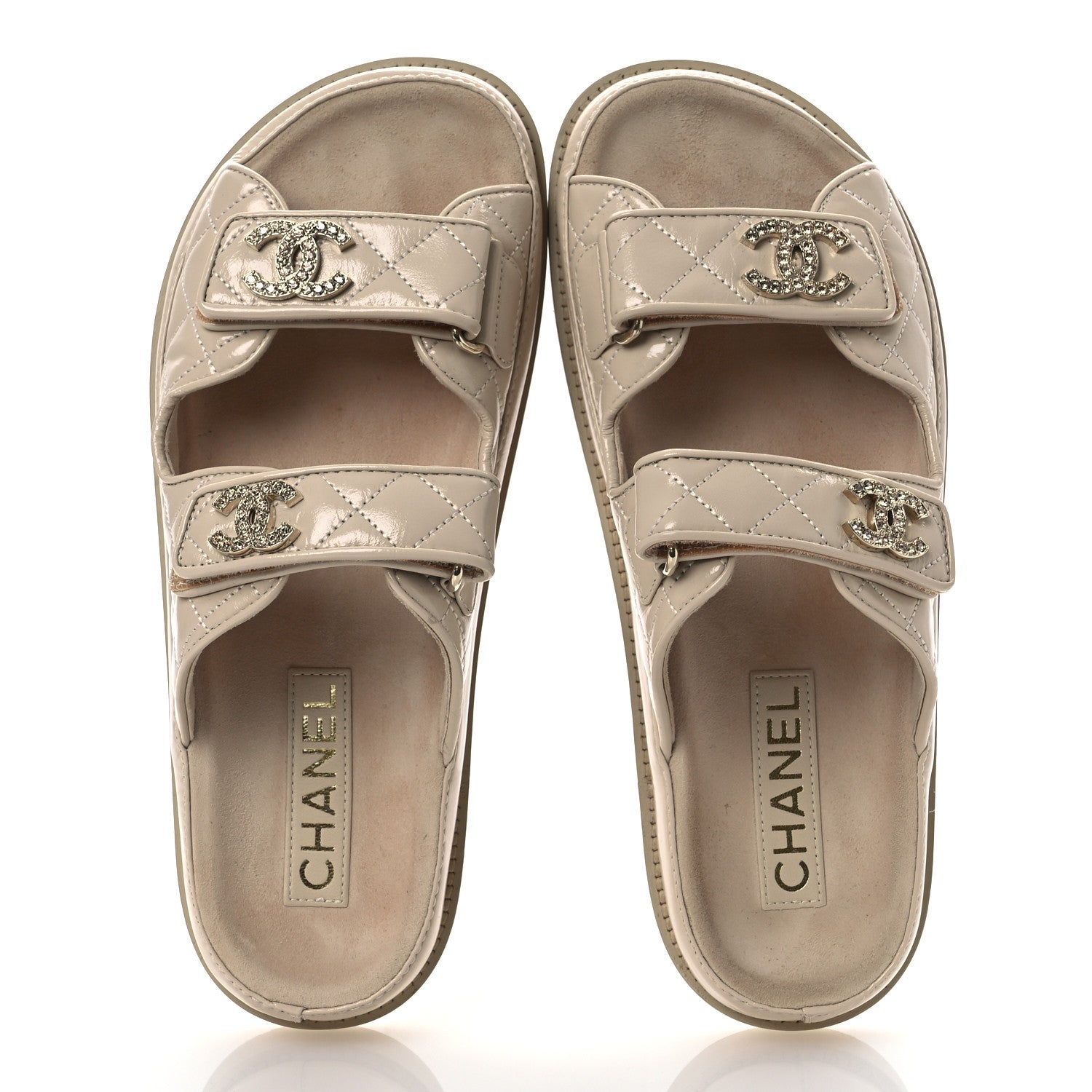Chanel Shiny Calfskin Crystal Quilted Velcro Dad CC Slide Sandals