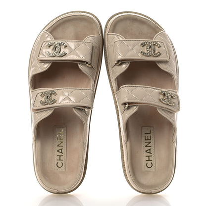Chanel Shiny Calfskin Crystal Quilted Velcro Dad CC Slide Sandals 38 Light Beige 2 of 14