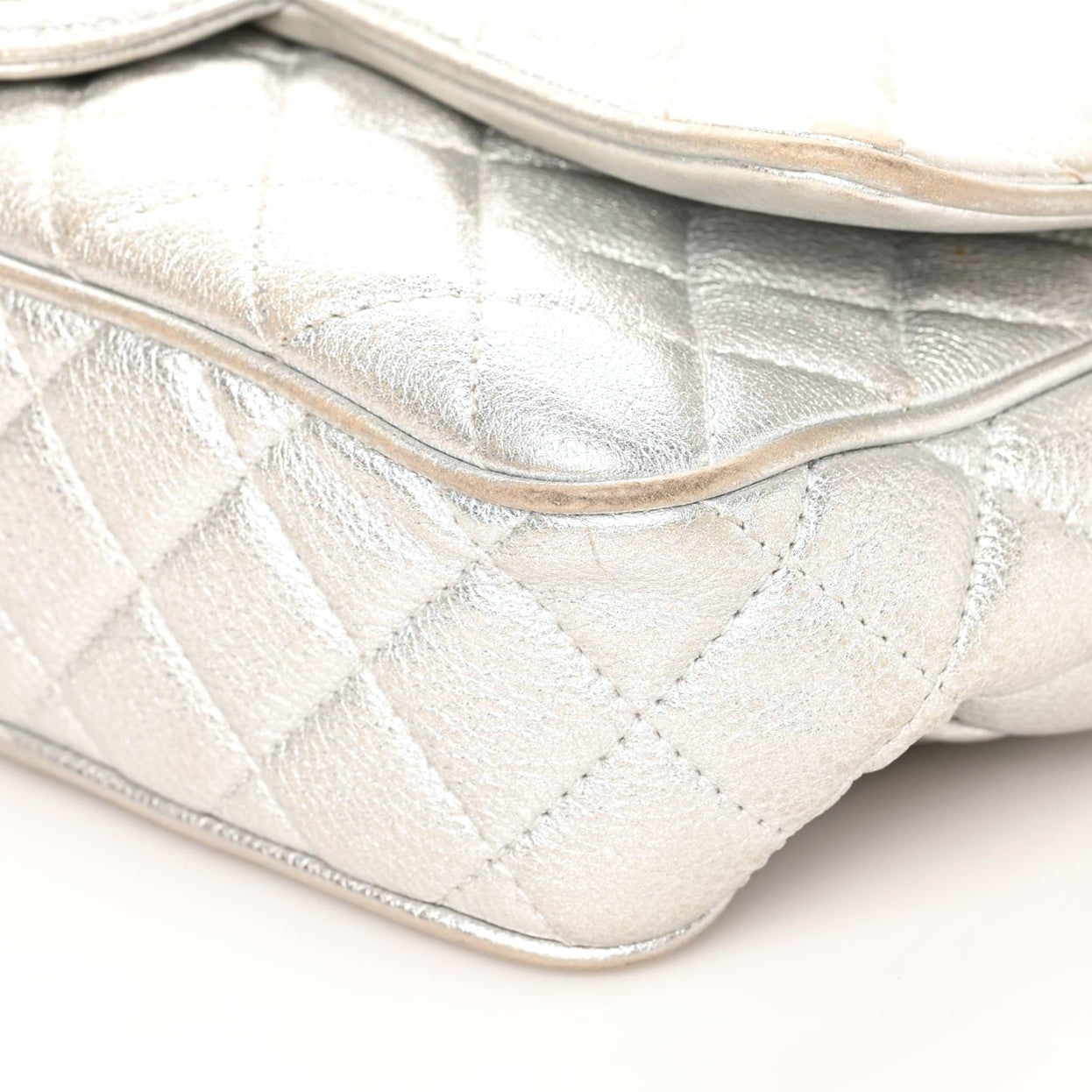 Metallic Grained Calfskin Quilted Small Casual Rock Flap Silver