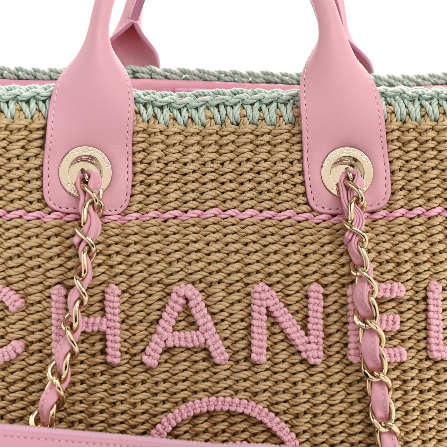 Raffia Crochet Medium Deauville Tote Beige Light Pink Green