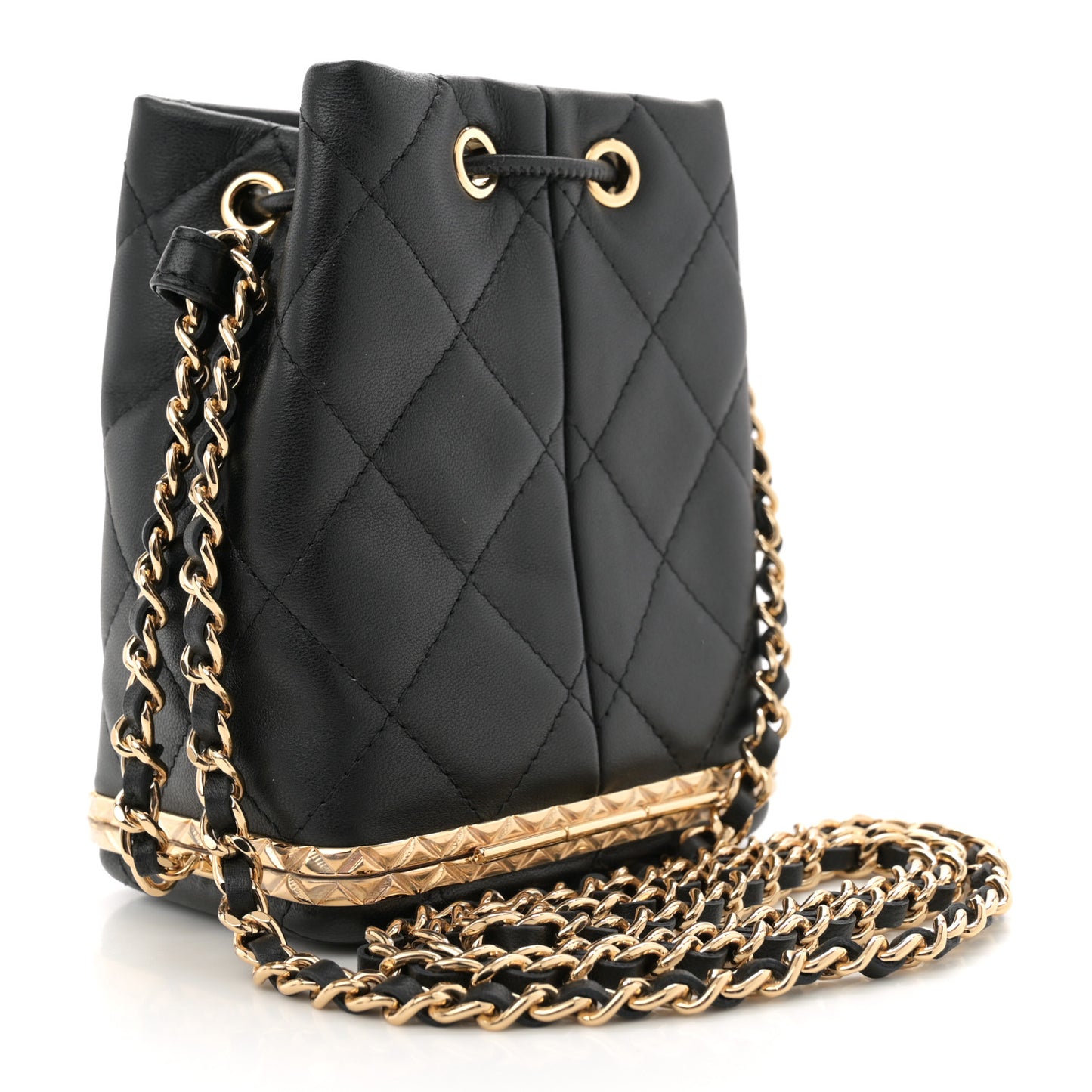 Metal Lambskin Quilted Small Chain Bucket Bag Black