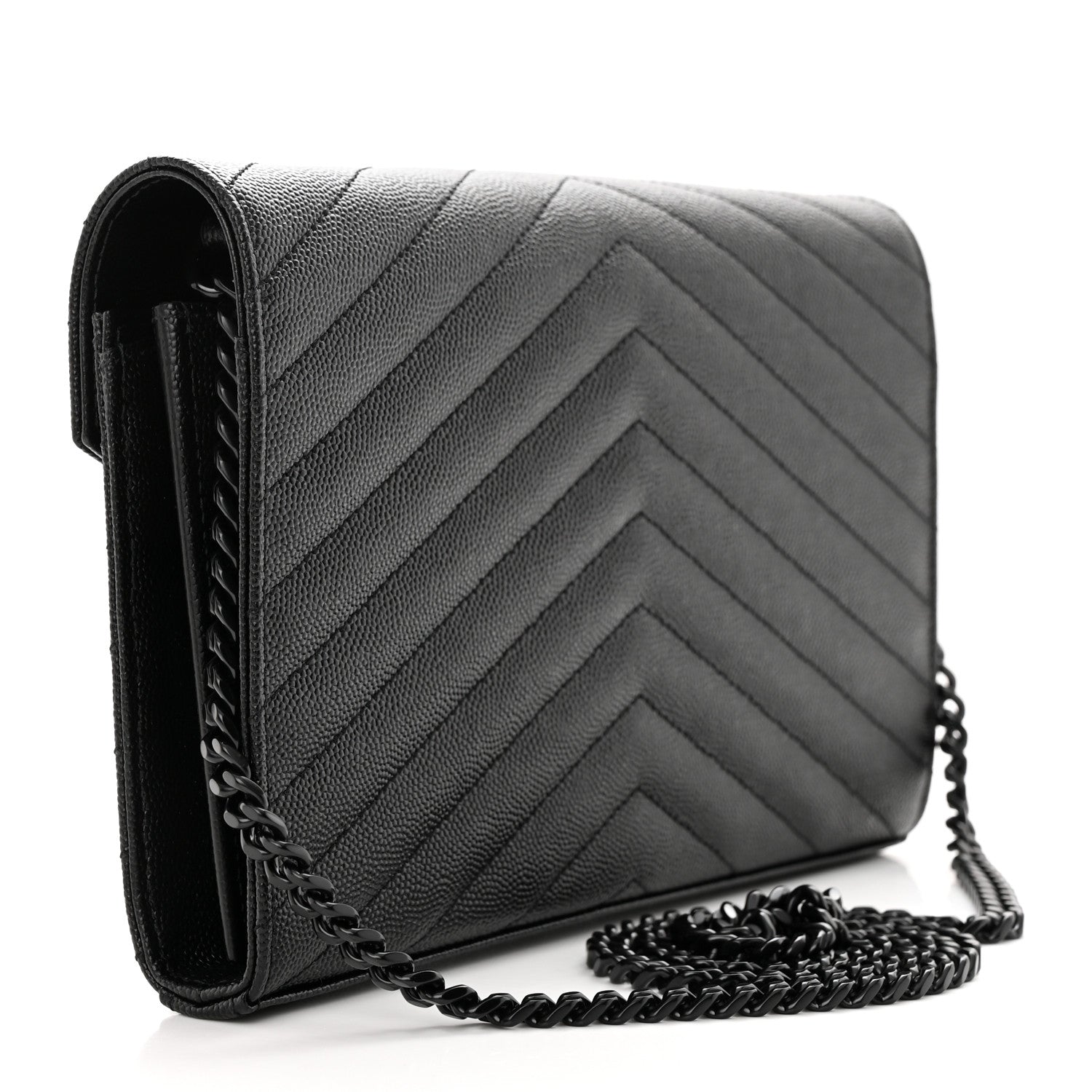 Saint Laurent Grain De Poudre Matelasse Chevron Monogram Monochrome Chain Wallet Black 3 of 11