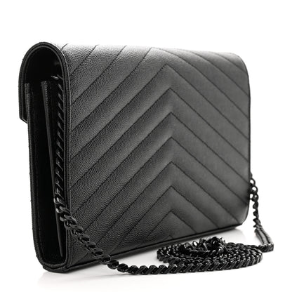 Saint Laurent Grain De Poudre Matelasse Chevron Monogram Monochrome Chain Wallet Black 3 of 11