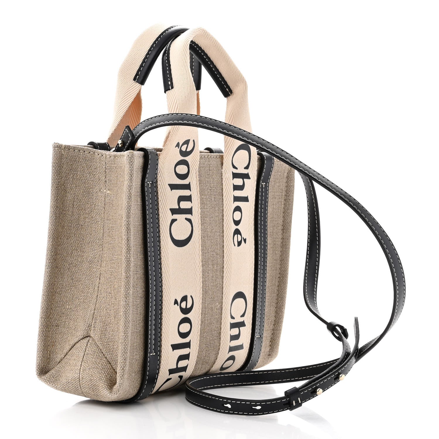 Chloe Linen Calfskin Small Woody Ribbon Tote With Strap White Navy 3 of 10
