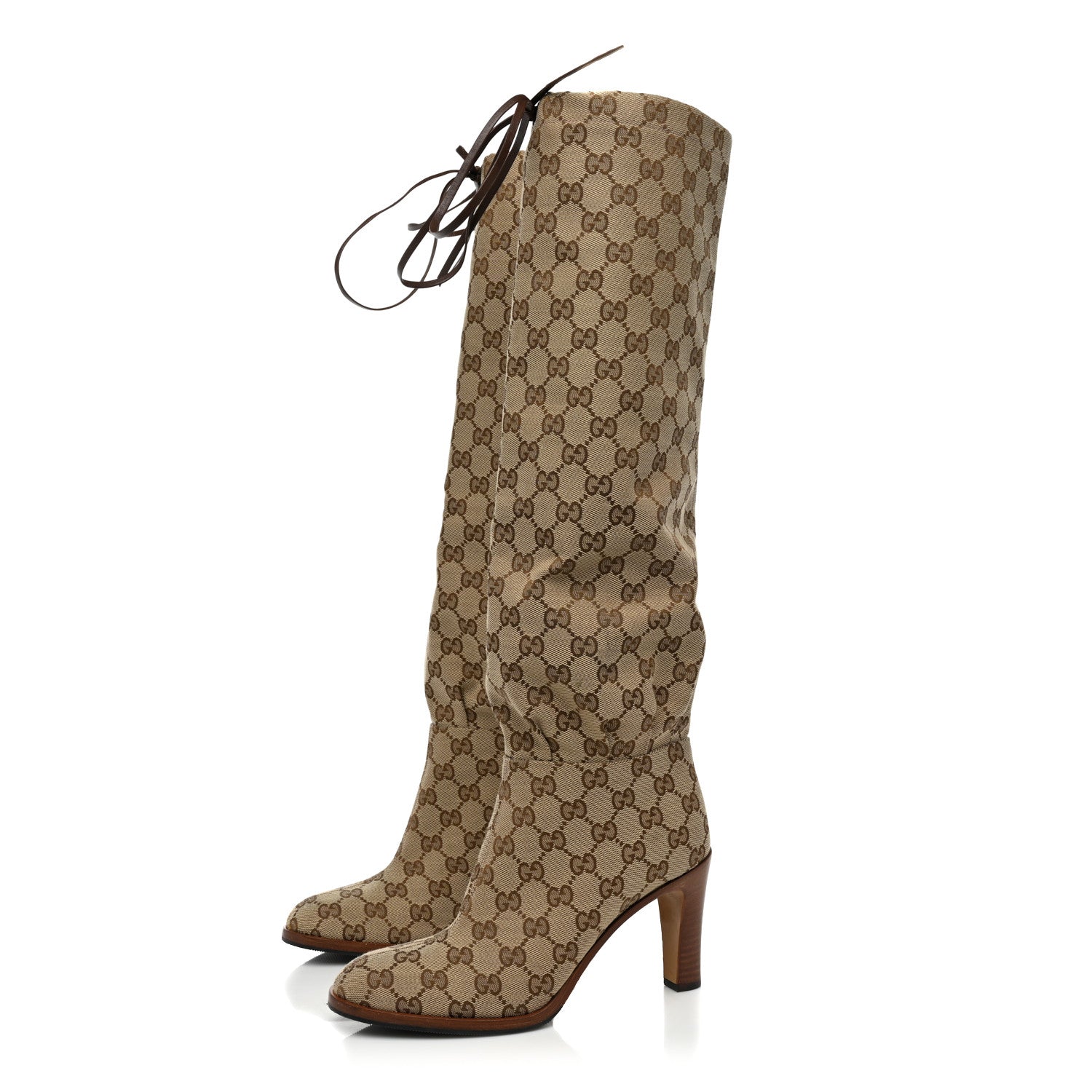 Gucci Monogram Malaga Kid Lisa Mid Heel Boots 37 Beige Ebony 3 of 7