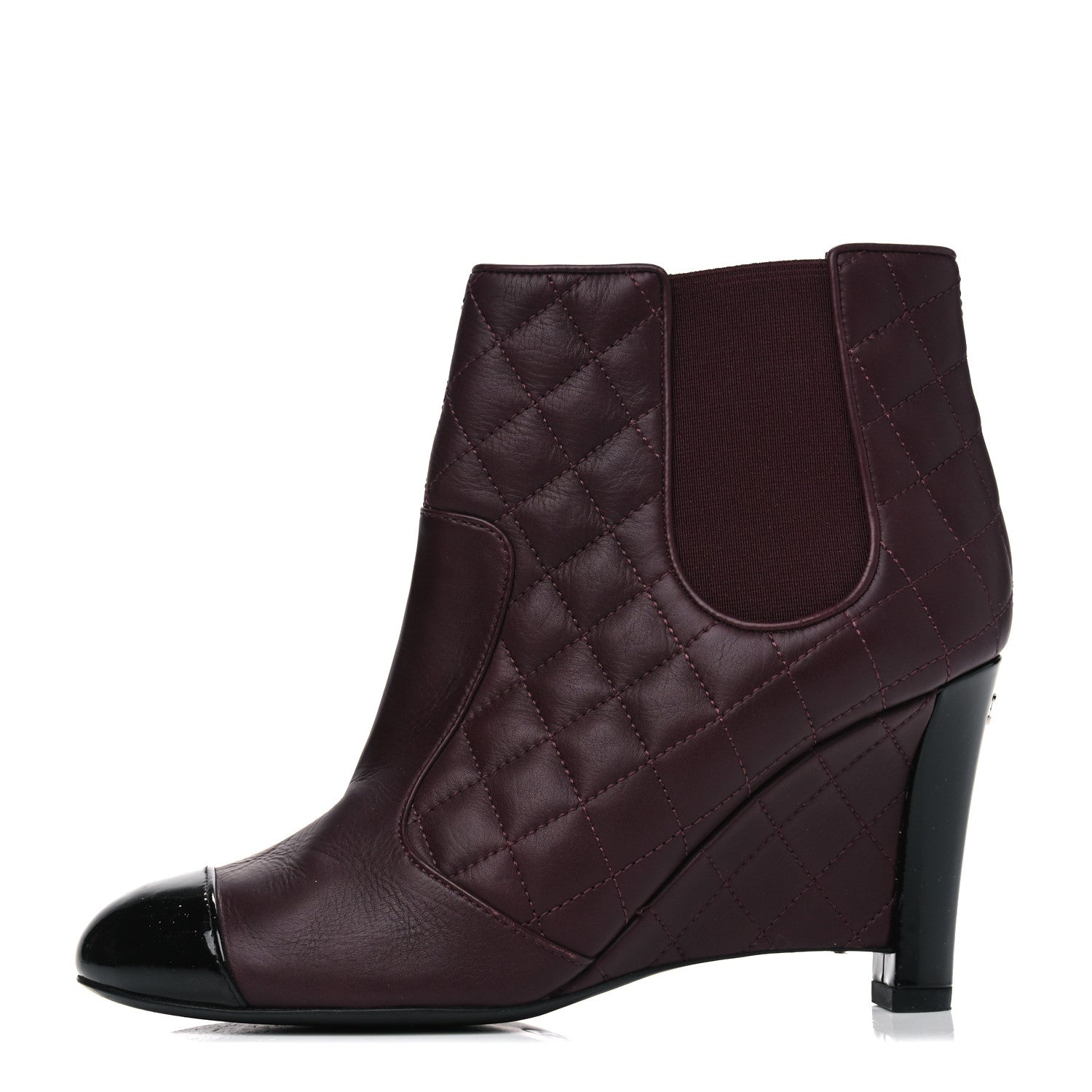 Chanel Lambskin Patent Quilted Wedge Ankle Boots 38 Burgundy 1 of 5