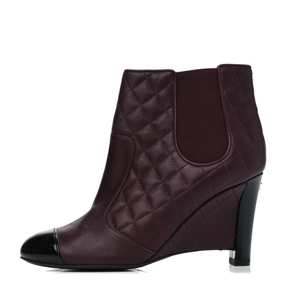 Chanel Lambskin Patent Quilted Wedge Ankle Boots 38 Burgundy 1 of 5