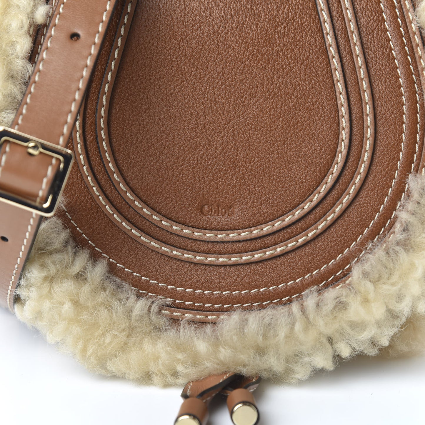 Small Grain Shiny Calfskin Shearling Small Marcie Round Crossbody Bag Caramel