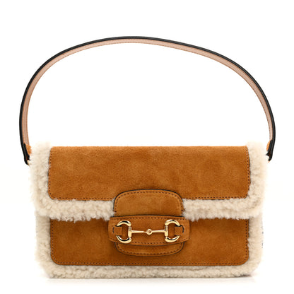 Gucci Suede Shearling Horsebit Mini 1955 Shoulder Bag Honey Beige Milk 1 of 13