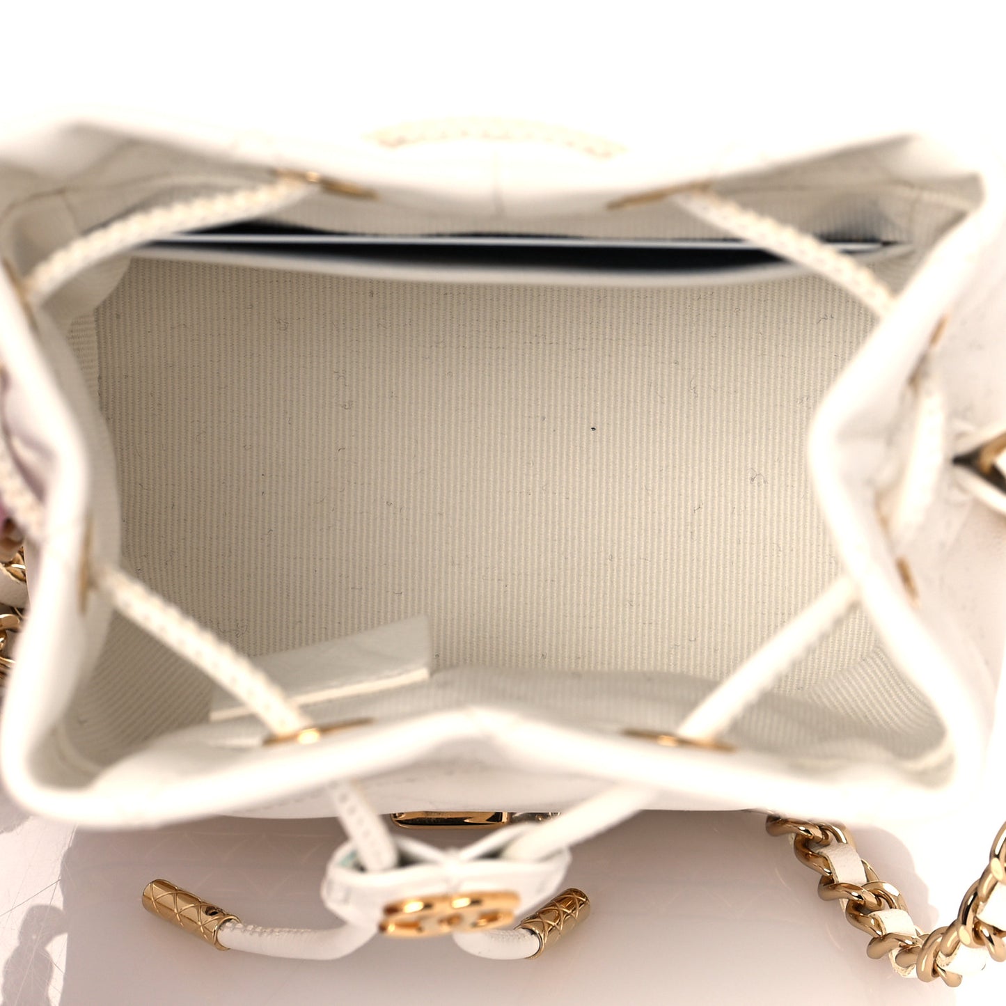 Metal Lambskin Quilted Small Chain Bucket Bag White