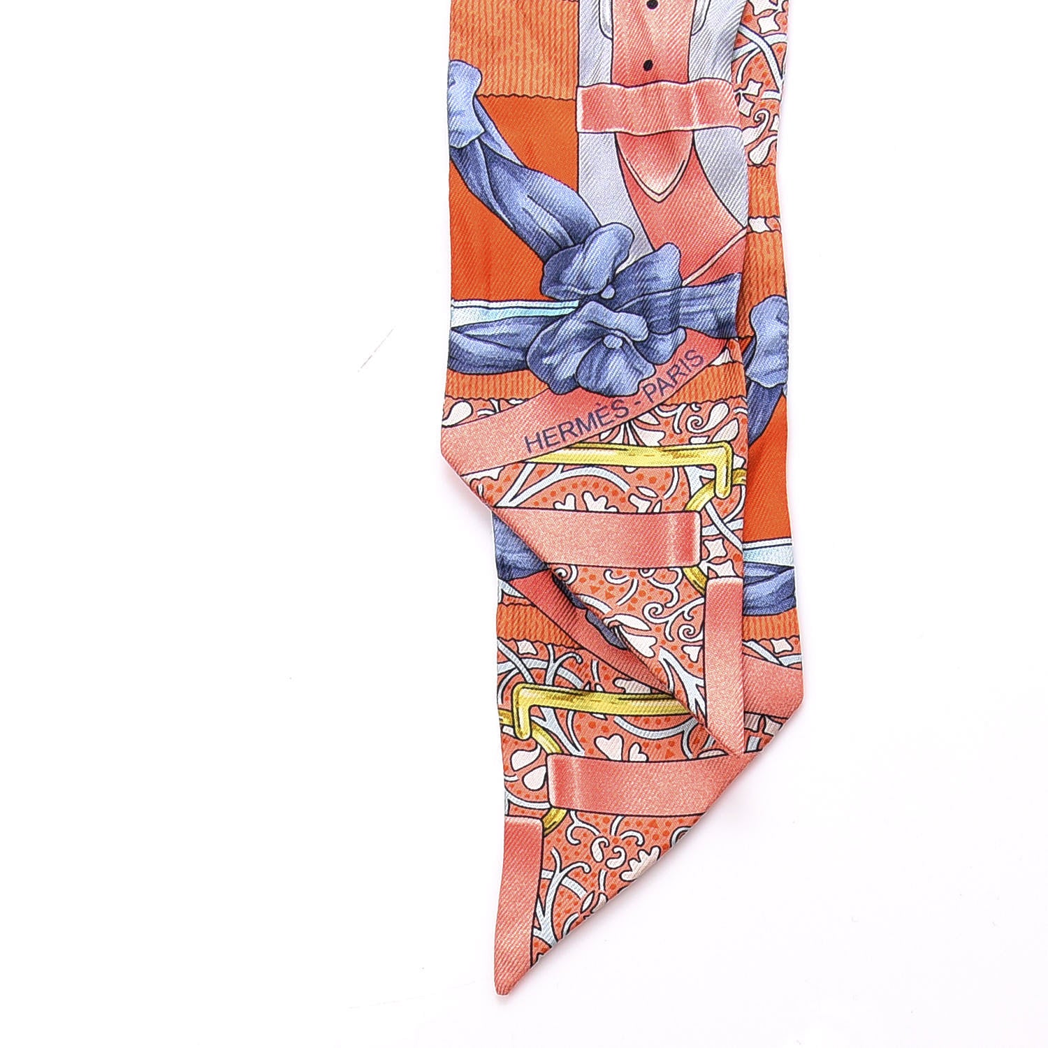 Hermes Silk Grand Manege Fleuri Twilly Orange Turquoise Gris 2 of 3