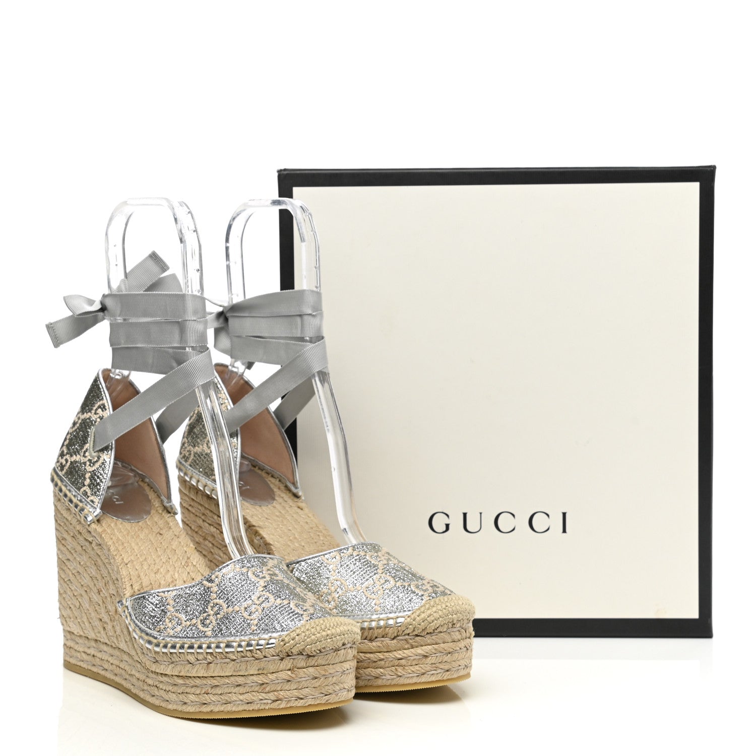 Gucci Lame GG Monogram Ankle Wrap Platform Espadrille Wedges 40 Silver Beige Light Grey 9 of 9