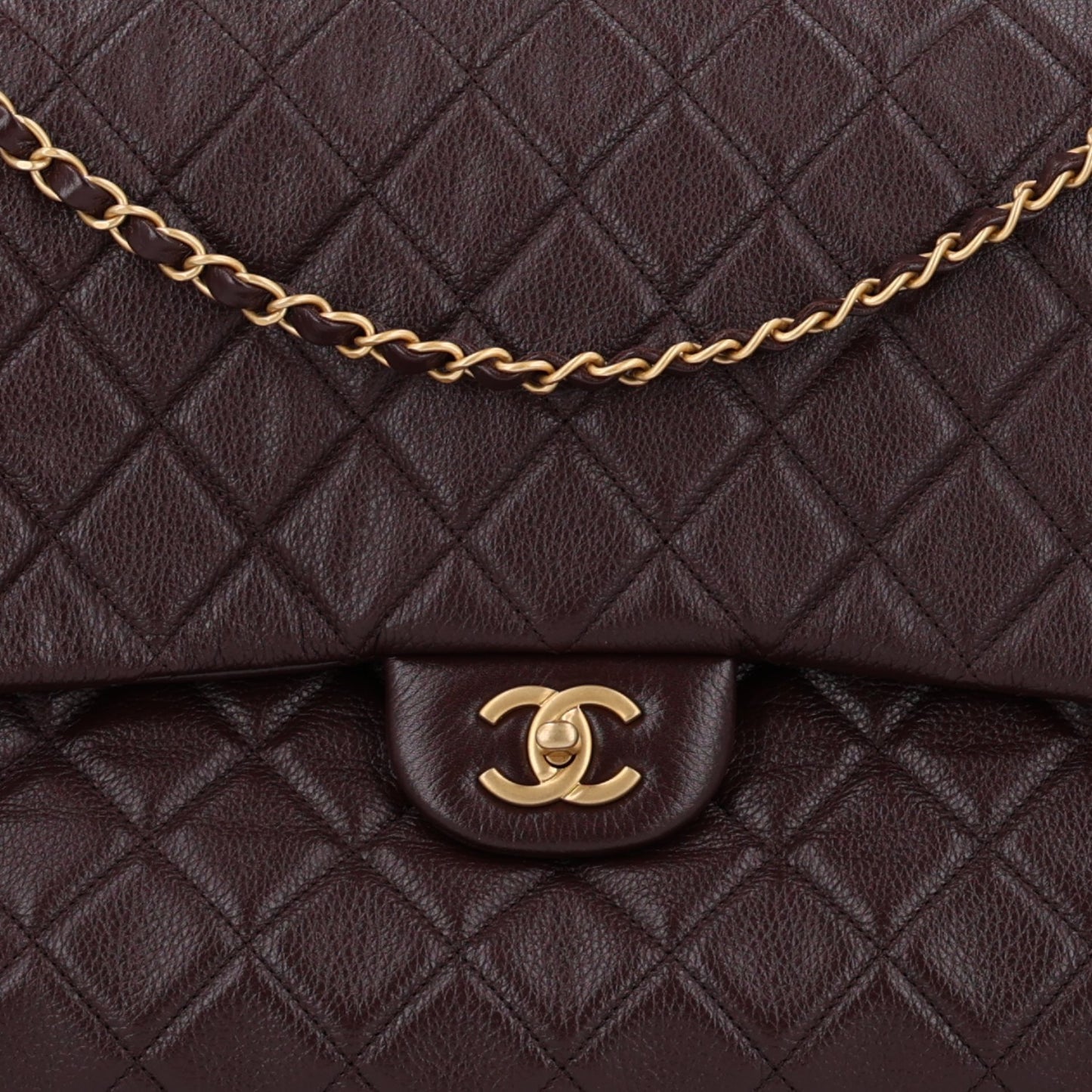 Grained Calfskin Quilted XXL Travel Flap Bag Burgundy