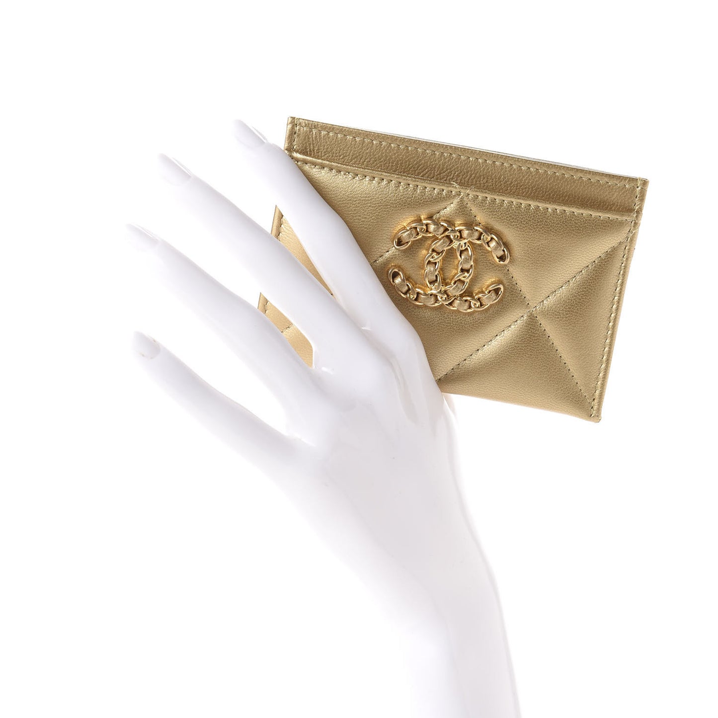 Metallic Goatskin Quilted Chanel 19 Card Holder Gold
