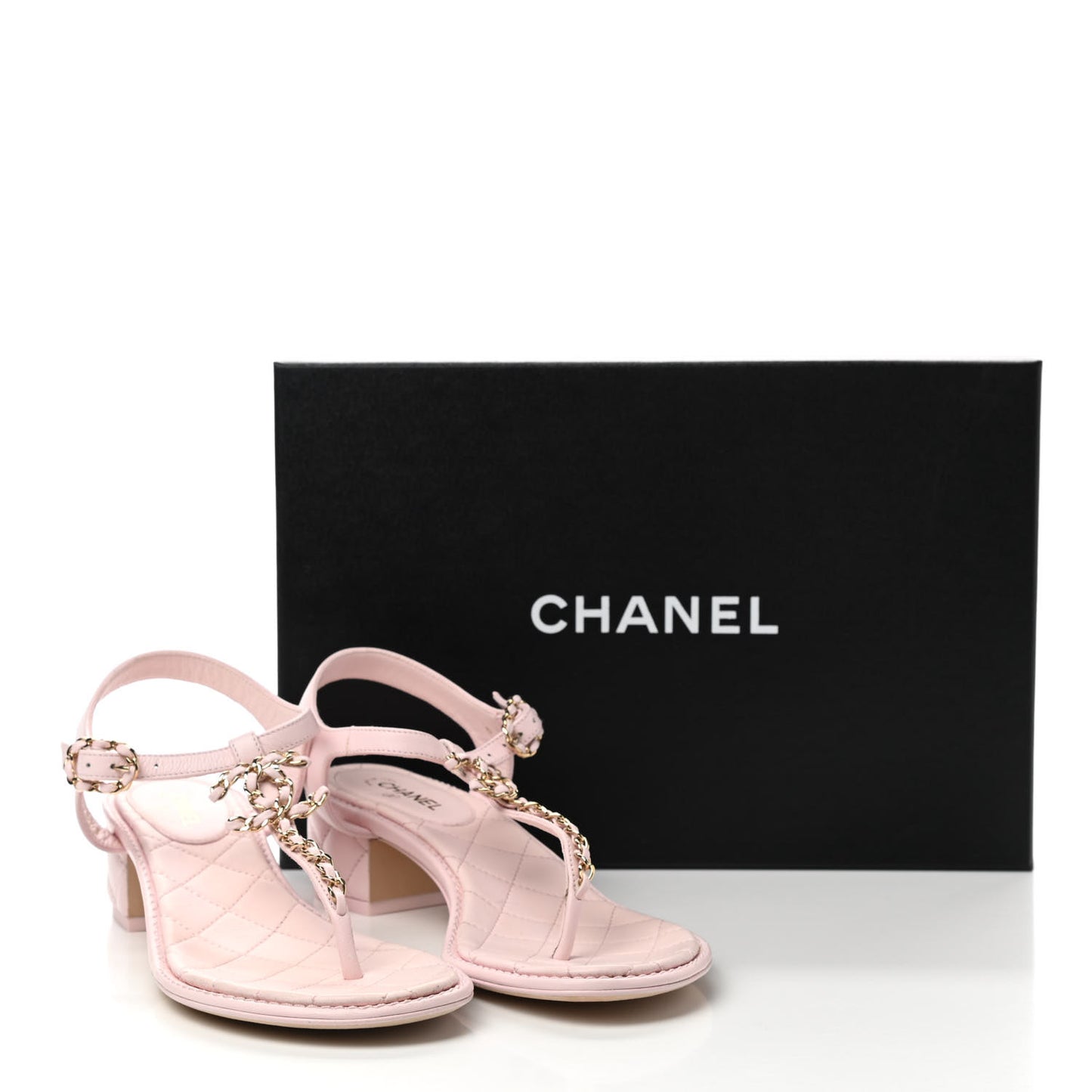 Lambskin Chain CC Logo Thong Sandals 37.5 Light Pink