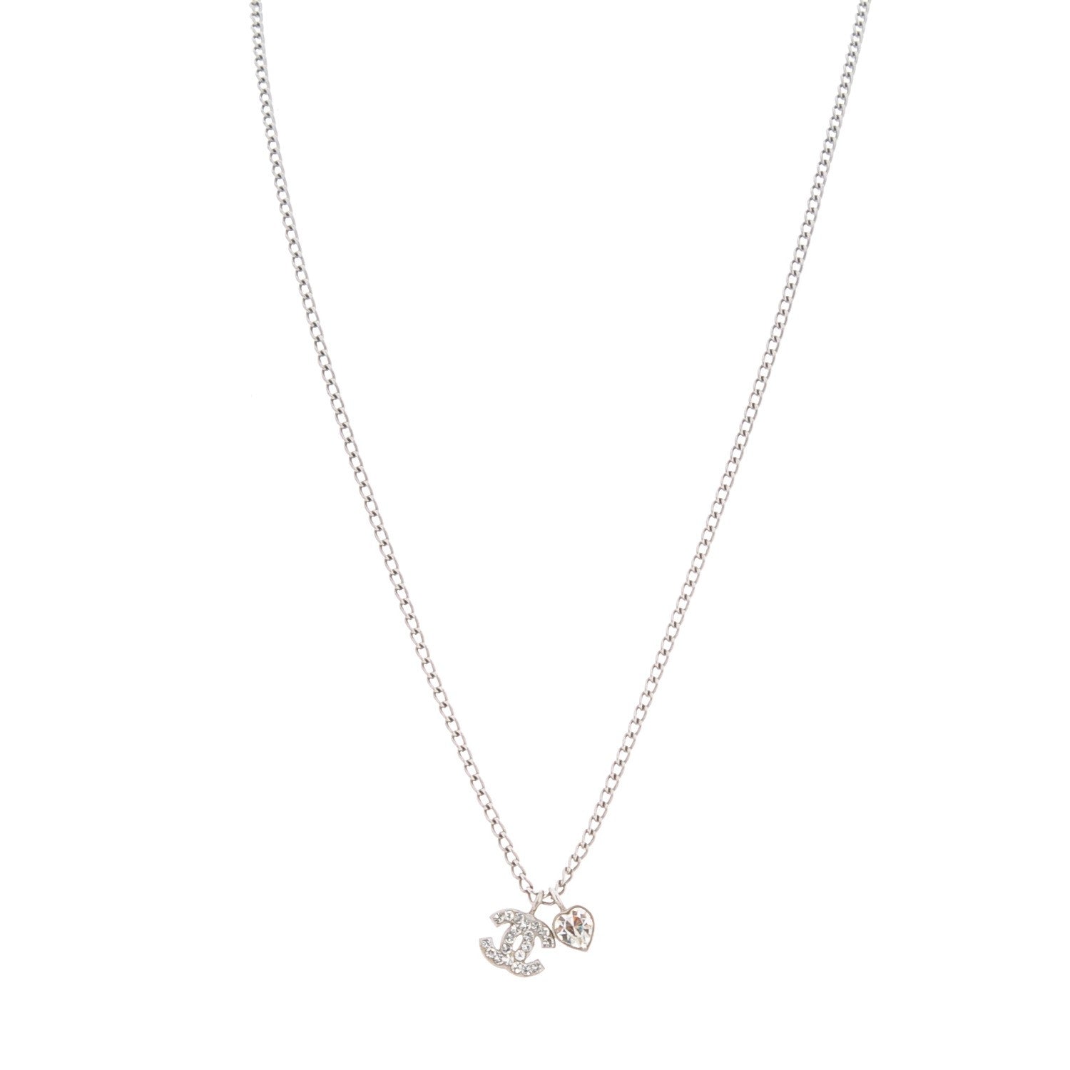 Chanel Crystal Mini Heart CC Necklace Silver 1 of 4