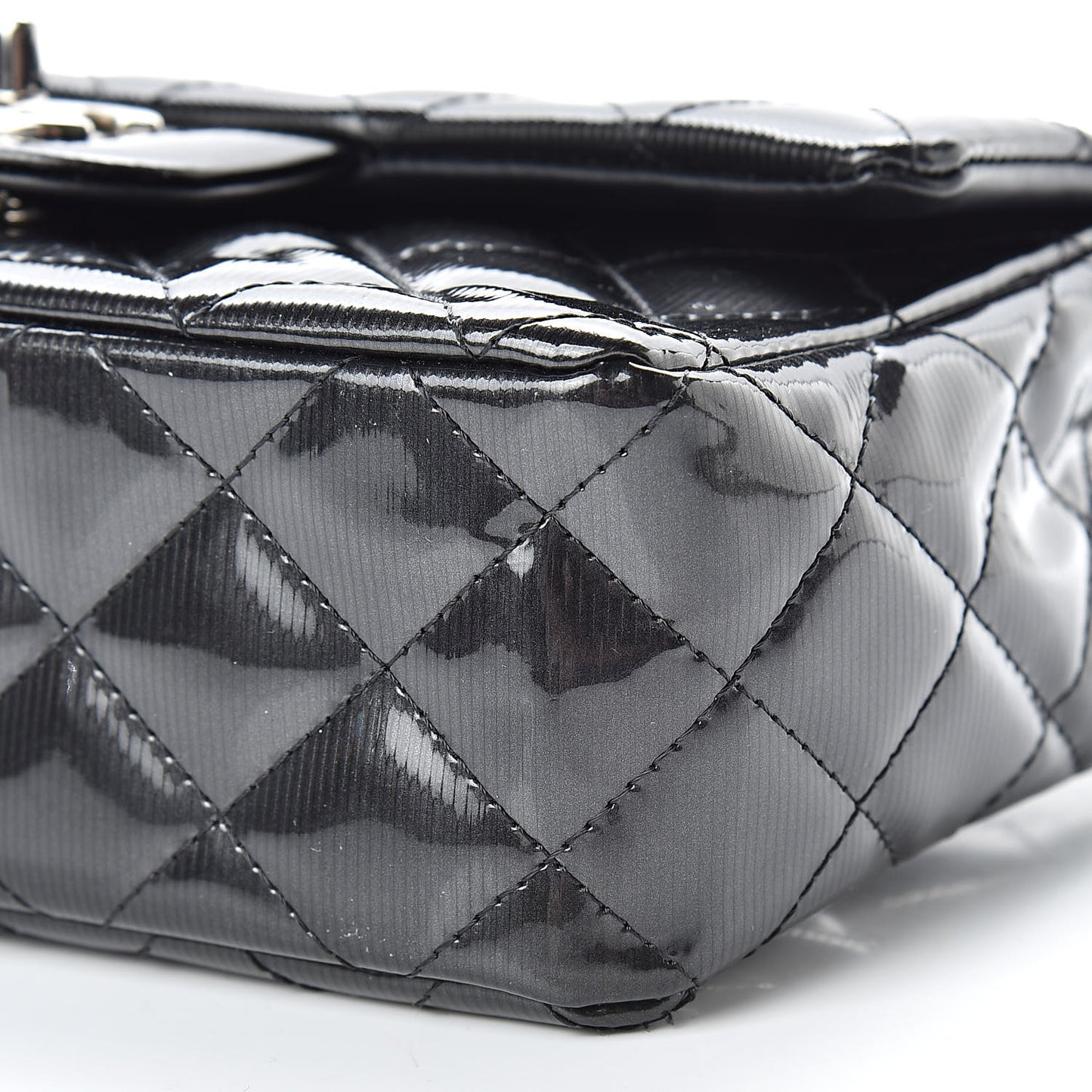 Striated Patent Calfskin Quilted Mini Rectangular Flap Dark Gray