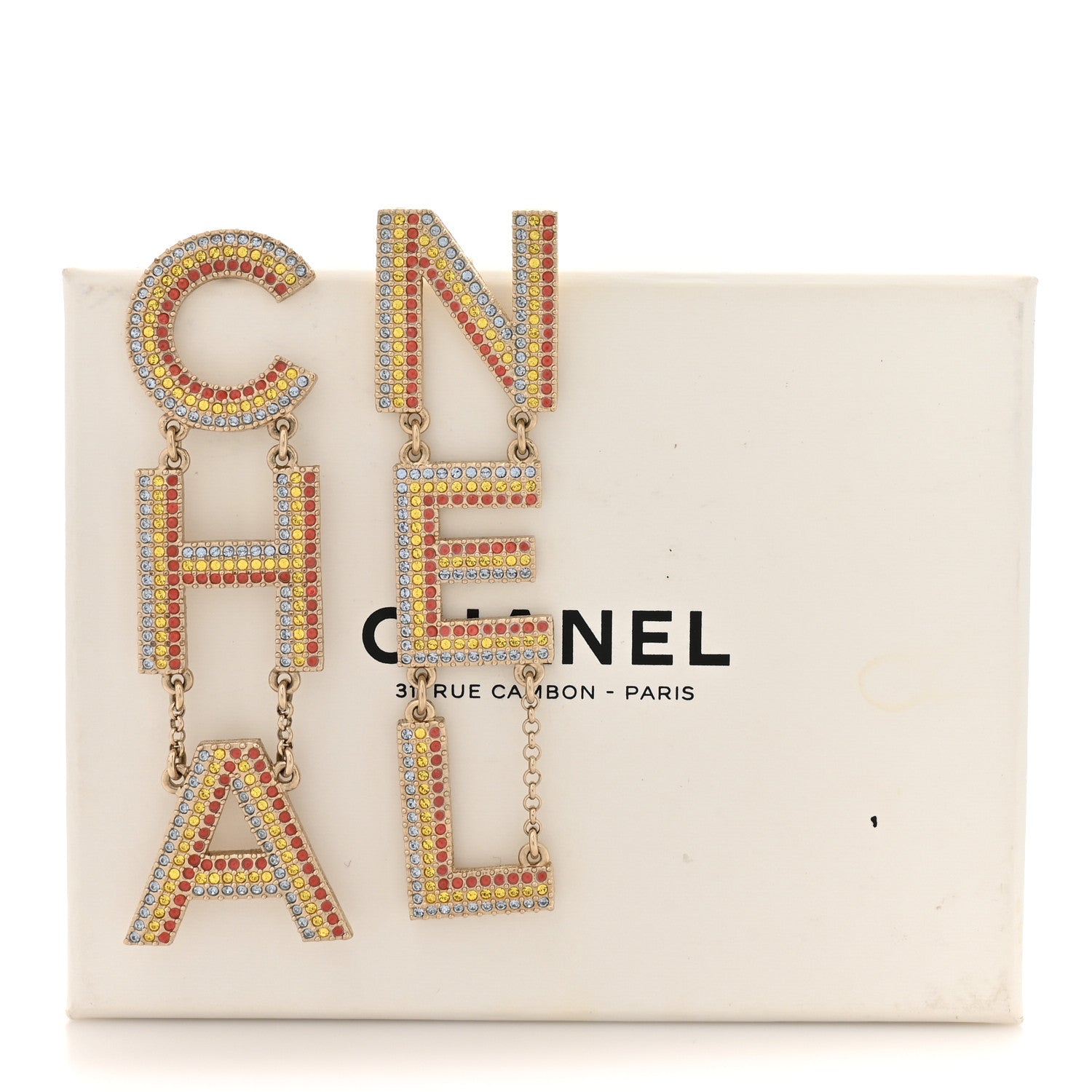 Chanel Metal Crystal Rainbow Cha-Nel Logo Drop Earrings Multicolor Gold 5 of 5