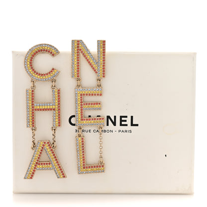 Chanel Metal Crystal Rainbow Cha-Nel Logo Drop Earrings Multicolor Gold 5 of 5