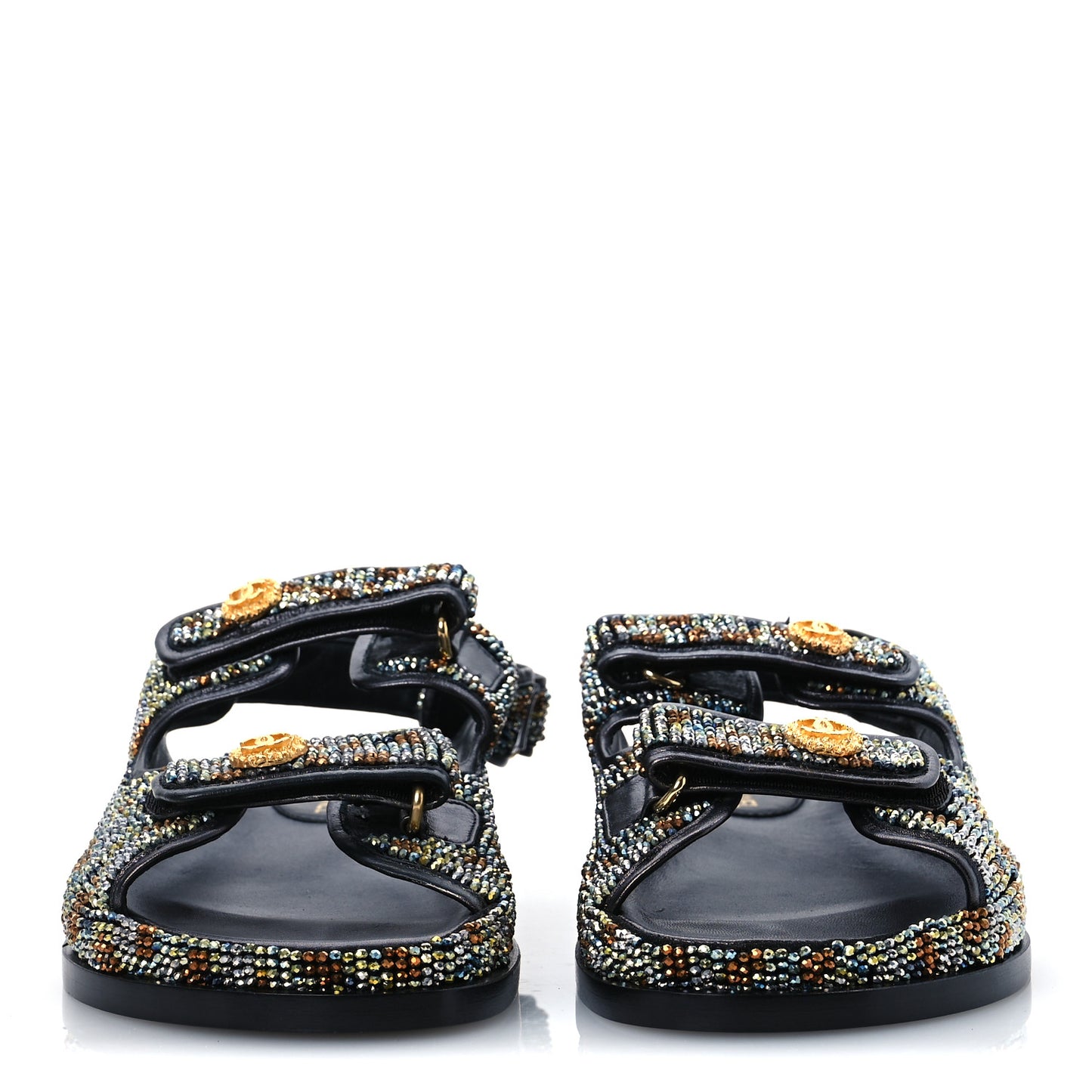 Grained Calfskin Crystal Velcro Dad Sandals 40 Black Multicolor