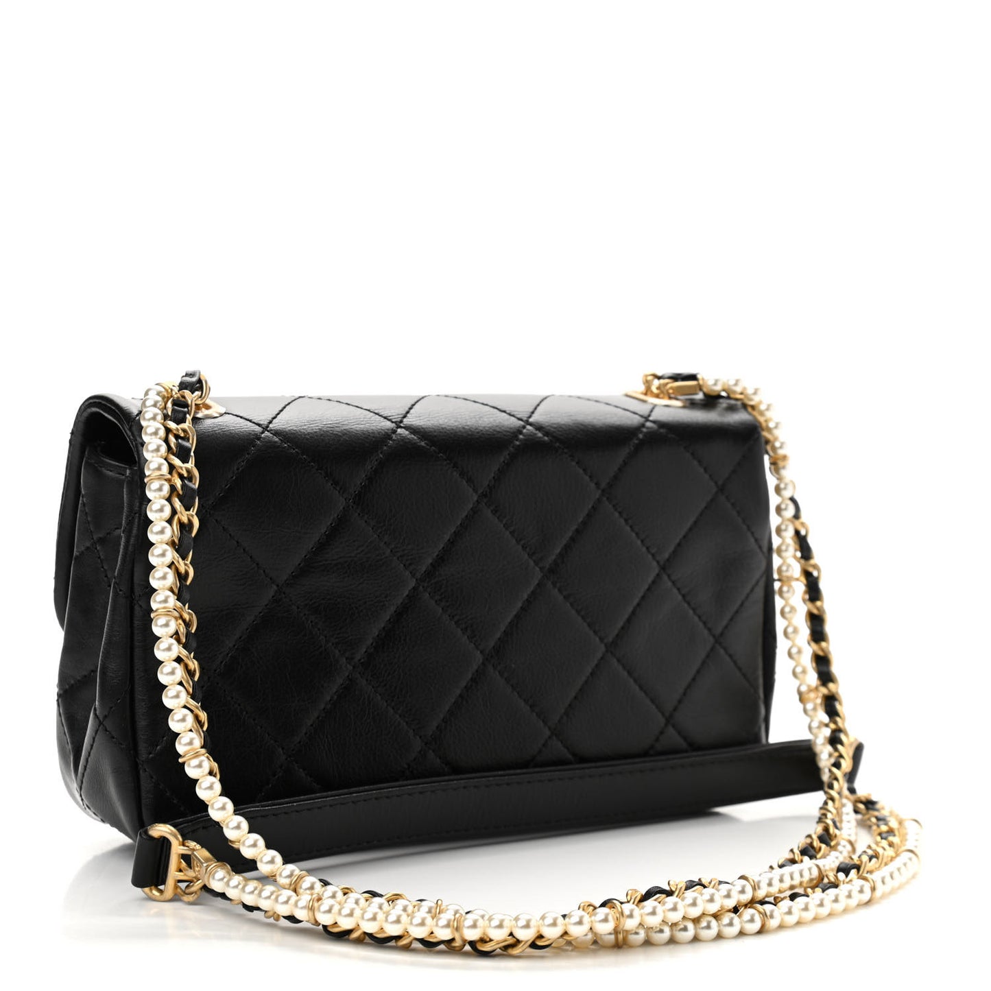 Calfskin Quilted Mini Rectangular Crystal Pearls Chain Flap Black