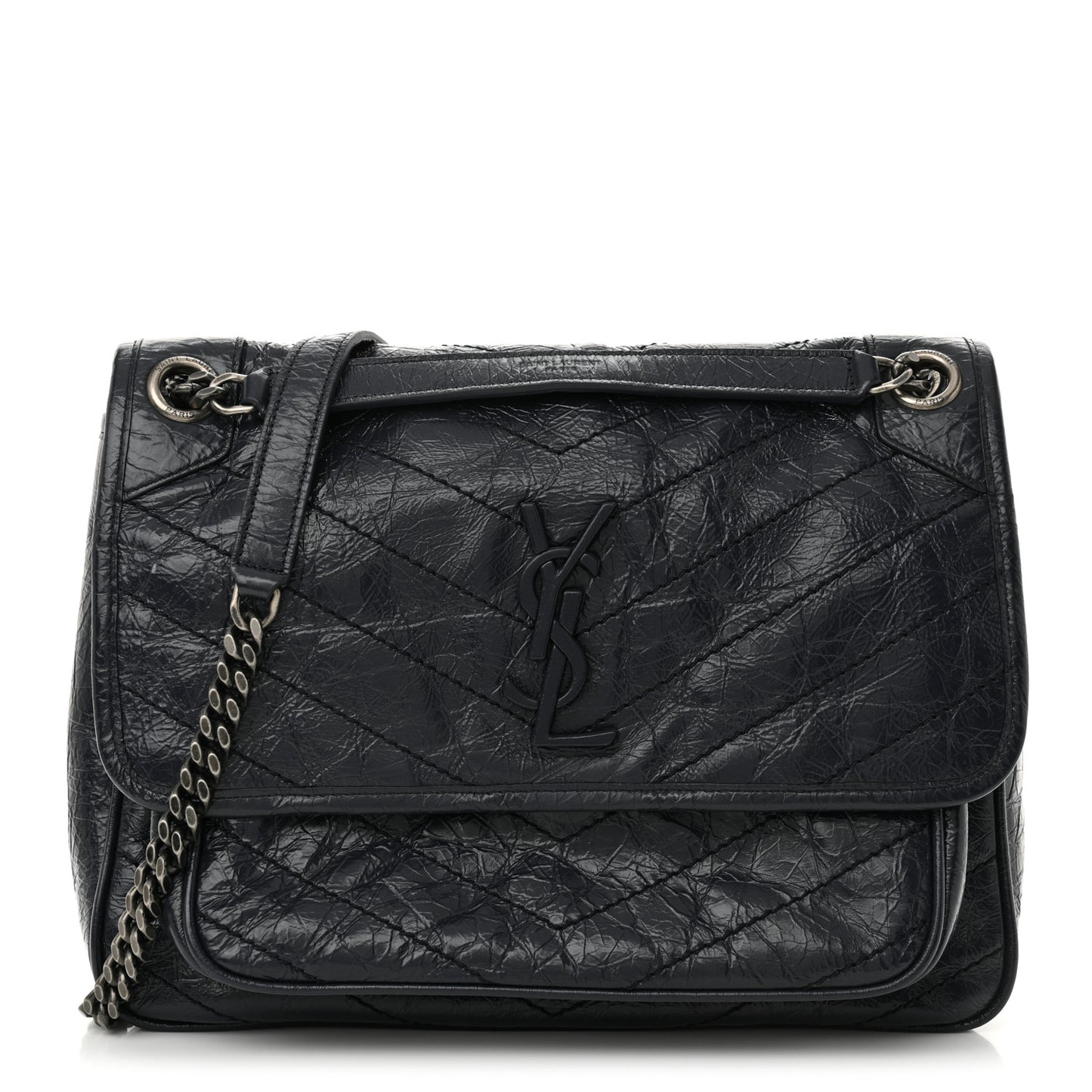 Crinkled Calfskin Matelasse Monogram Medium Niki Chain Satchel Deep Marine