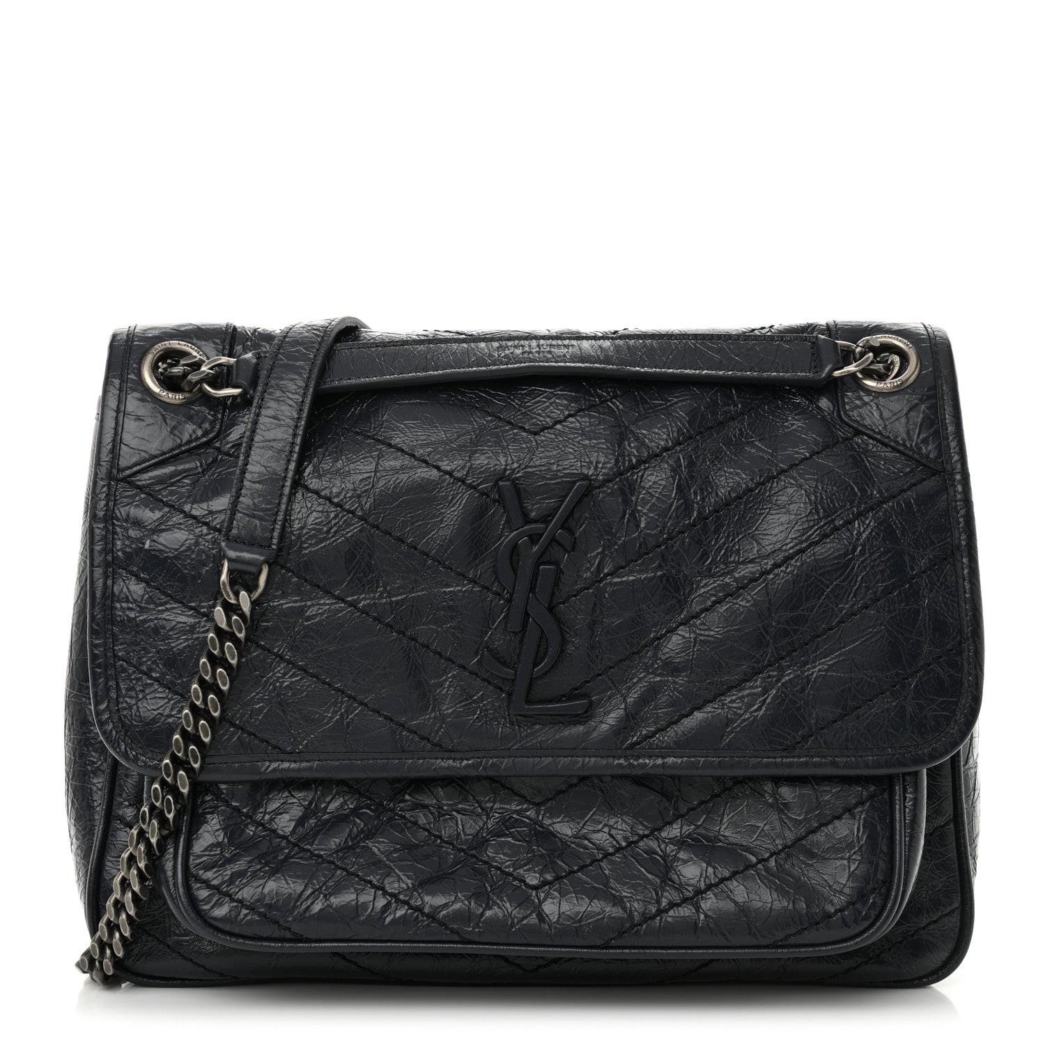Saint Laurent Crinkled Calfskin Matelasse Monogram Medium Niki Chain Satchel Deep Marine 1 of 11