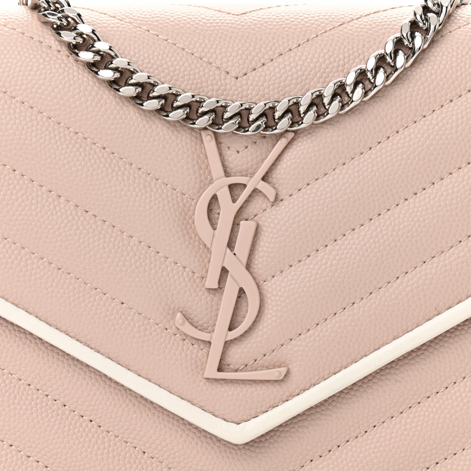 Saint Laurent Grain De Poudre Matelasse Chevron Monogram Chain Wallet Pink and White 7 of 10