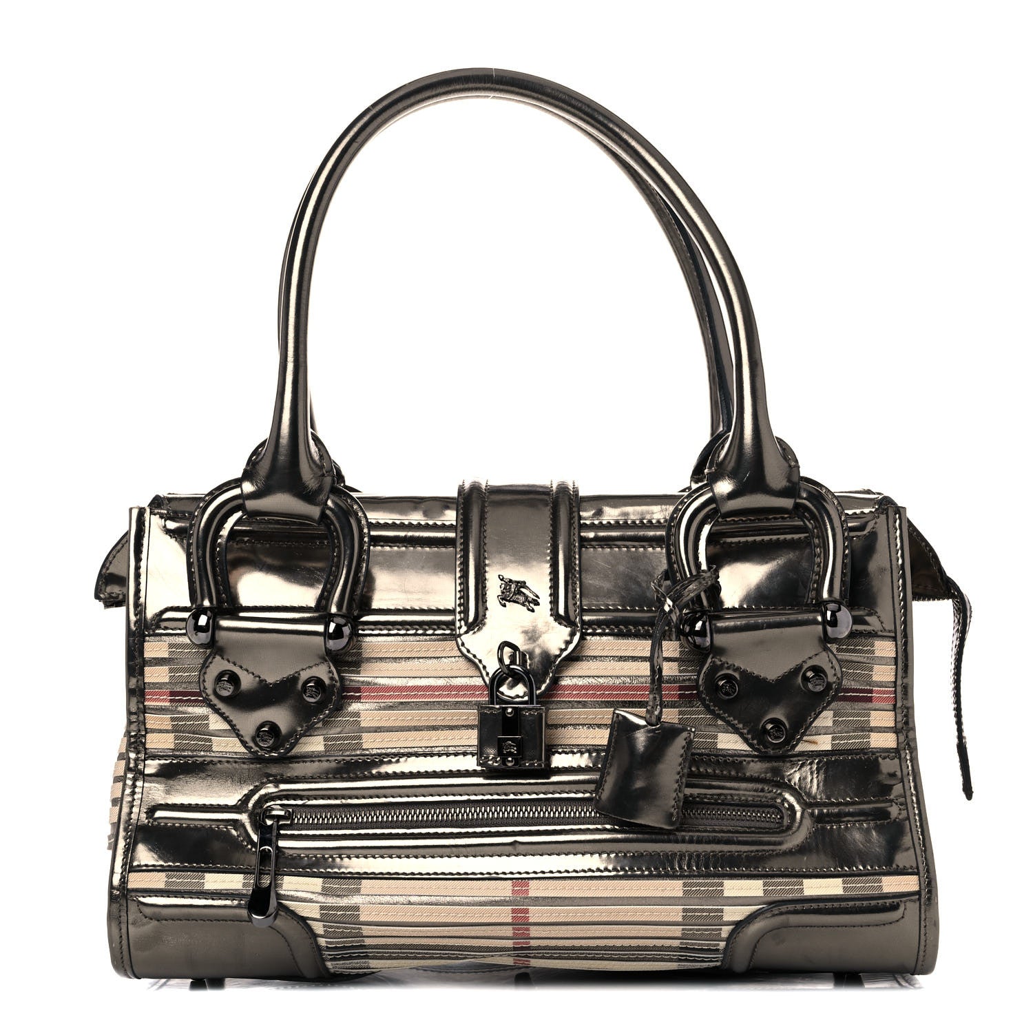 Burberry Metallic Patent House Check Sliced Large Manor Tote Pewter 1 of 22