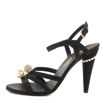 Chanel Satin Pearl Crystal Sandals 38.5 Black 1 of 7